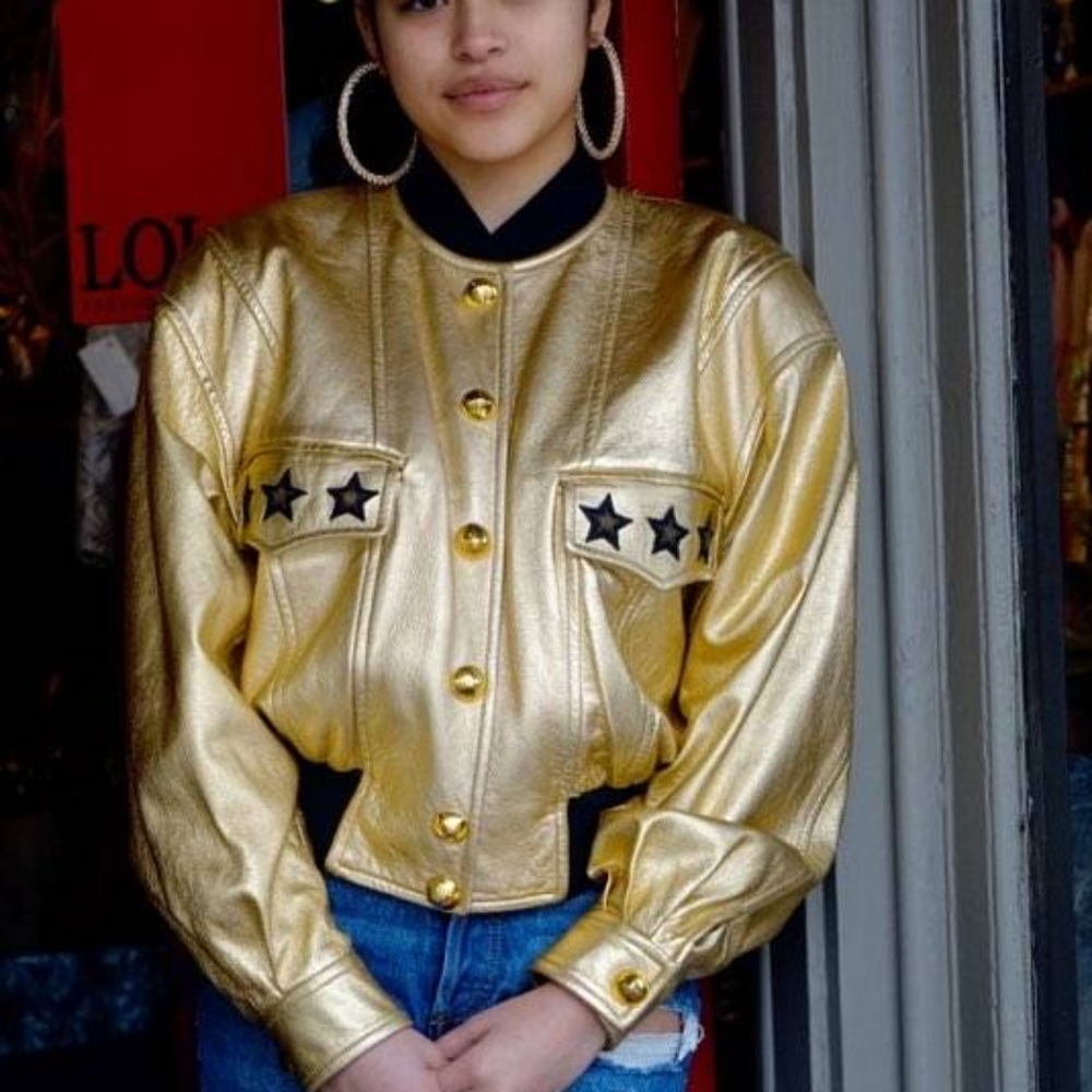 Escada Gold Metallic Baseball Leather